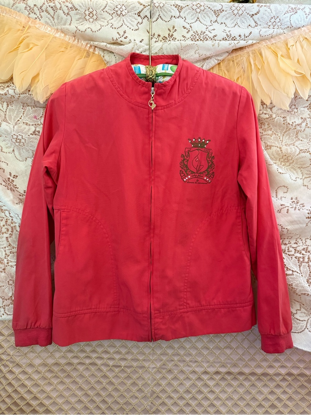 Baby Phat Coral Embroidered Crest Zip-Up Bomber Jacket Small
